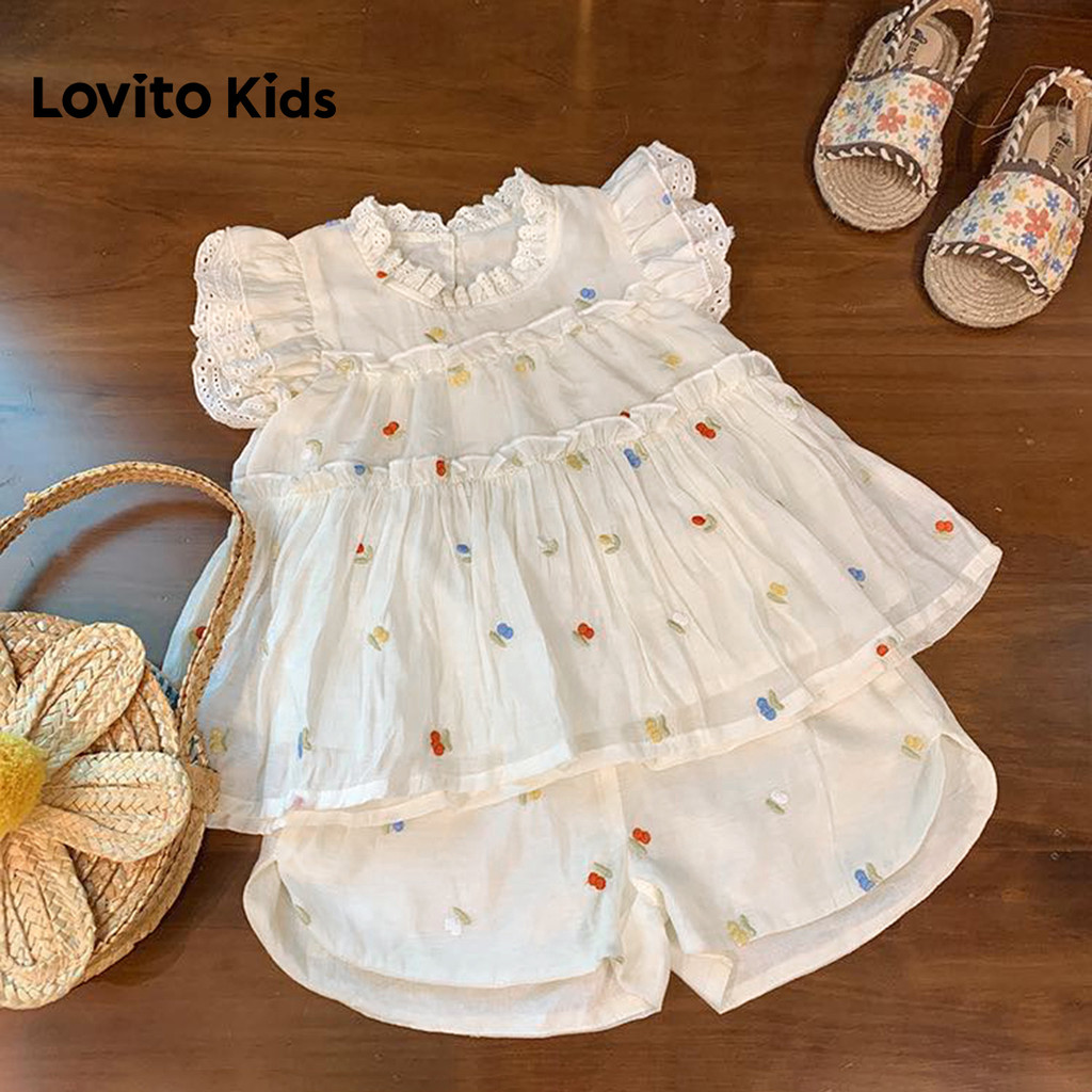 Lovito Kids Conjuntos de Shorts Fofos Conjunto Shorts Branco Primavera/verão com Babados para Meninas LK2LD191 em Oferta na Shopee