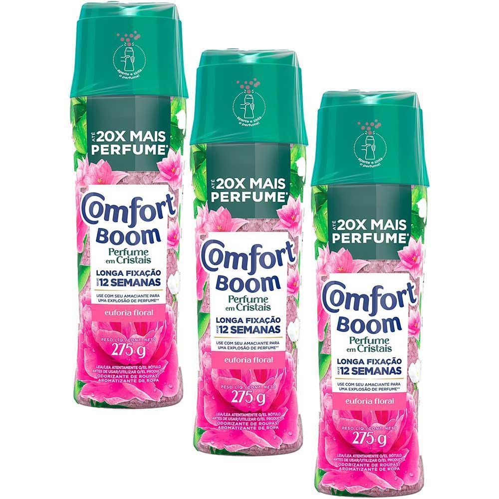 Kit 3 Odorizantes de Roupas Comfort Boom Perfume em Cristais Euforia Floral 275g em Oferta na Shopee