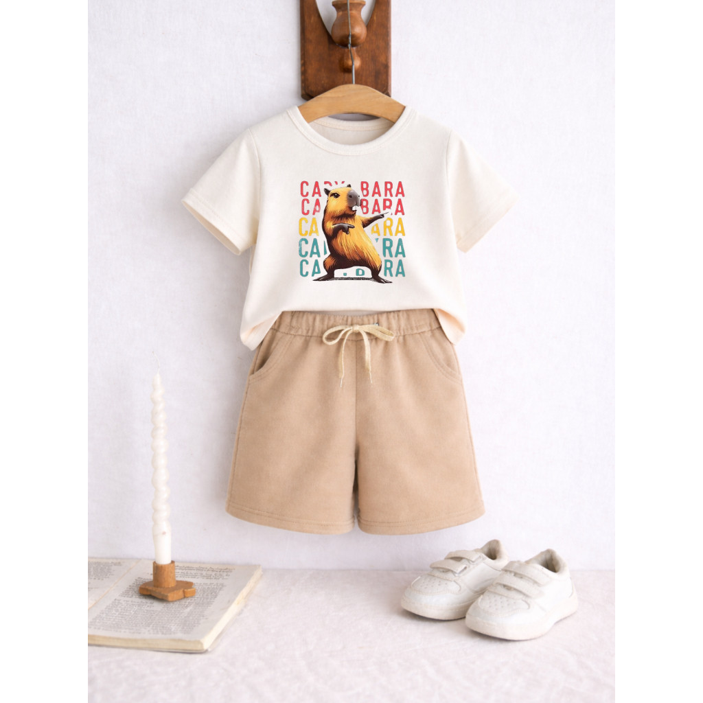 Conjunto Infantil Masculino Camiseta Algodão + Short Moletinho Estampado Capivara Dançando 970 Kit