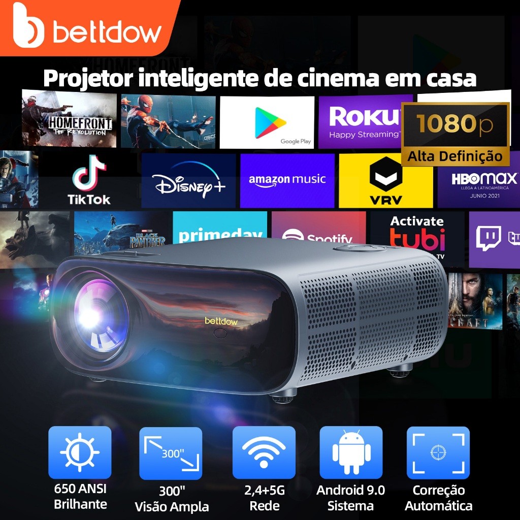 BETTDOW 1080P 2.4 Ghz + 5G WiFi Projetor 22000ML Suporta HDR10 Full HD 4K Decodificação Correção Automática