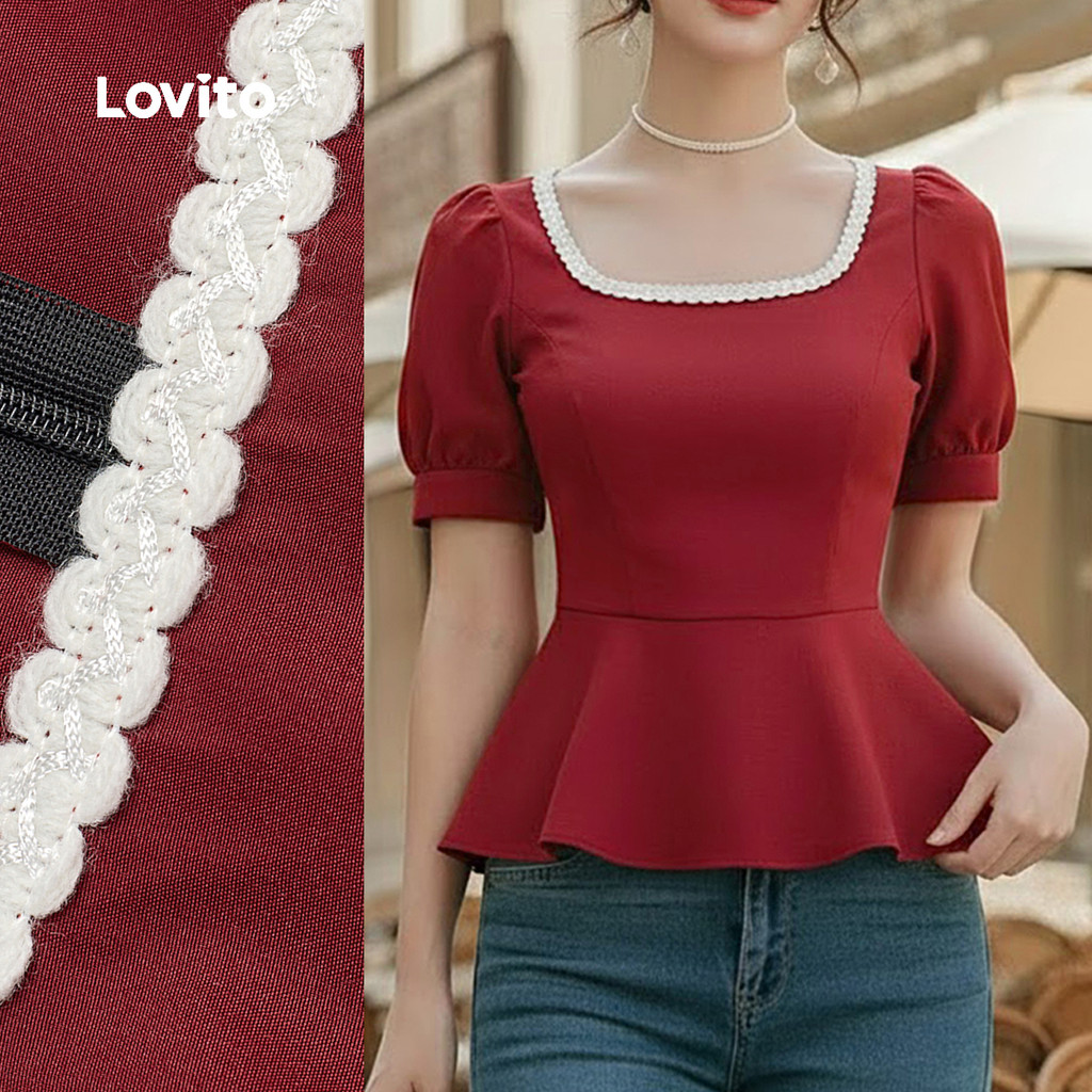 Lovito Blusa Elegante com Babados Pescoço com Zíper Primavera/verão Blusa Borgonha para Mulheres L171ED203 em Oferta na Shopee