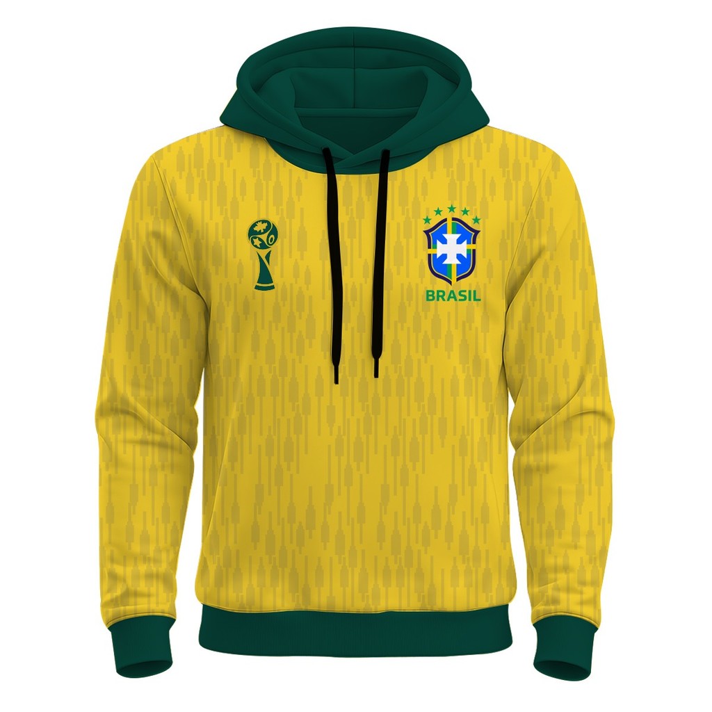 Moletom Copa Mundial Torcedor 3D Poliéster Futebol Seleção Brasileira Amarelo Verde Jogo Frio Cores Vivas