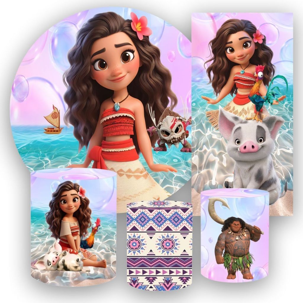 Kit Painel Redondo tecido sublimado 1,50 + 3 capas de cilindro + 1 Painel Lateral 2,0 x1,0 Moana