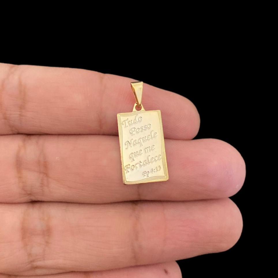 Pingente Folheado Plaquinha Quadrado Frase - Tudo Posso Naquele Que Me Fortalece Banhado a ouro 18k Umissex