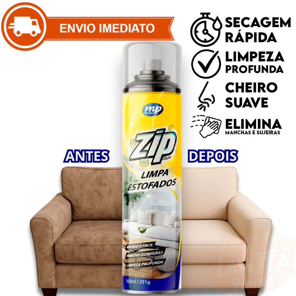 Kit C/5 Spray Espuma Zip Clean 300ml Limpa Seco Sofá Estofado Banco de Carro Limpeza Profunda