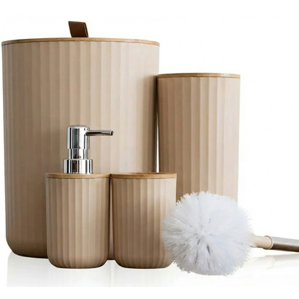 Kit Conjunto Banheiro 4 Peças Lixeira Tampa Bambu Plástico Organizador Decoração Lavabo Bege TIPPI em Oferta na Shopee