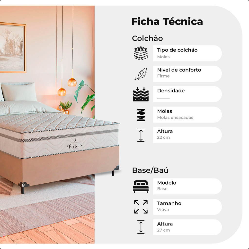 Cama Box Viúva Bege + Colchão Paris Molas Ensacadas Branco · foto 2