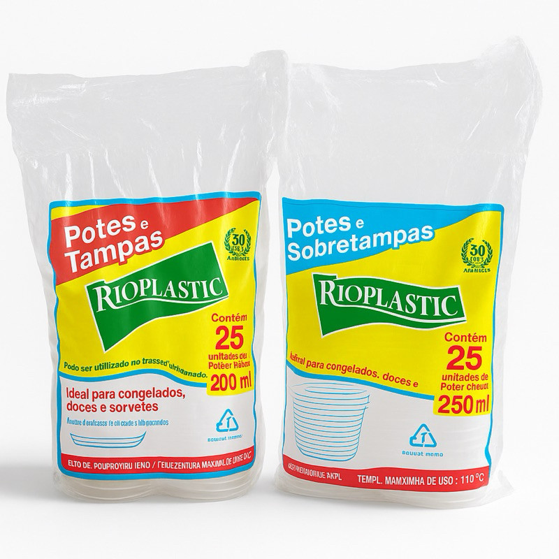 O MAIS BARATO! Kit 50 Potes Rioplastic 200ml e 250ml com Tampa - Sorvete/Doces
