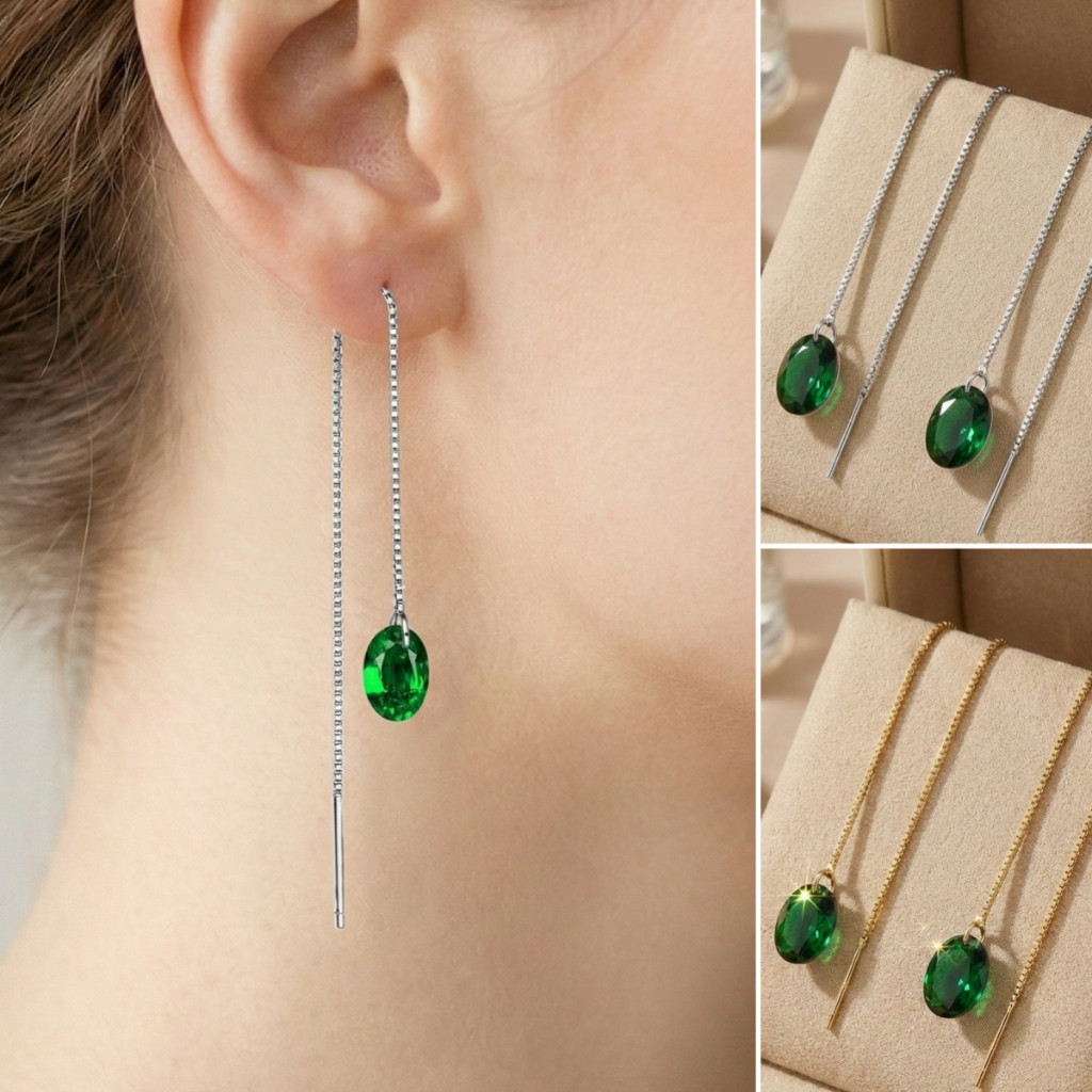 Brinco Fio Longo Passante Corrente Veneziana Pedra Verde Oval Banhado a Ouro 18k ou Prata 925