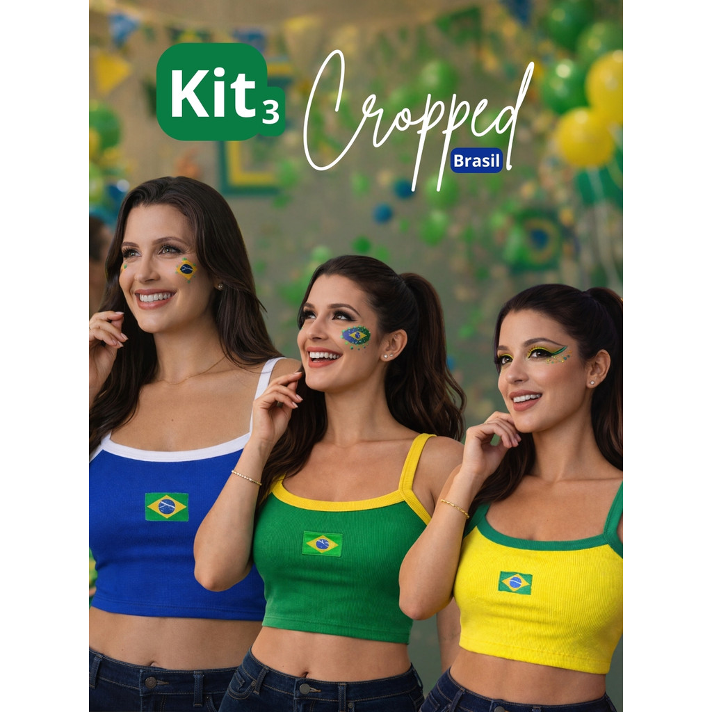 Kit 3 Cropped Regata Brasil Top Feminino Tecido Ribana Bordado Copa Do Mundo 2026 Tipo Gringa Alça