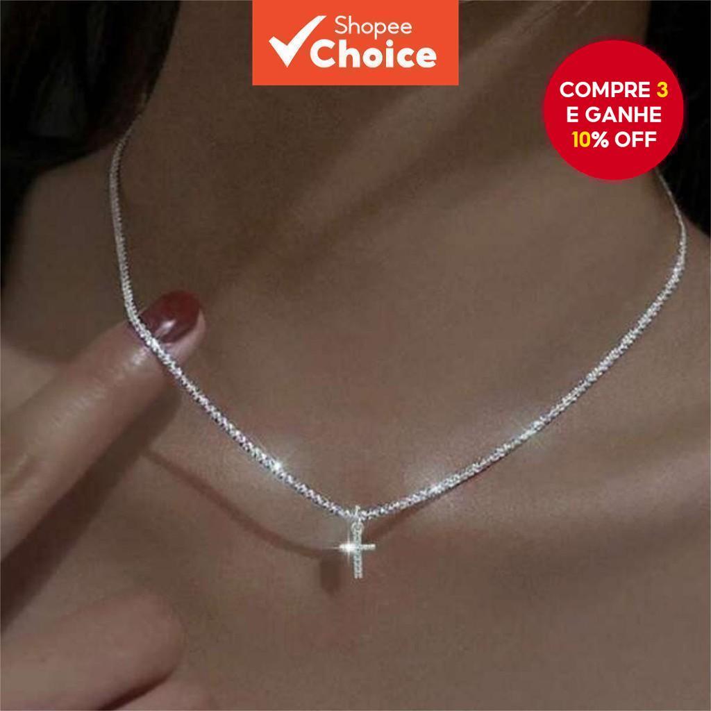 Colar de corrente hipoalergênico feminino com pingente de cruz, presente perfeito para qualquer ocasião. em Oferta na Shopee
