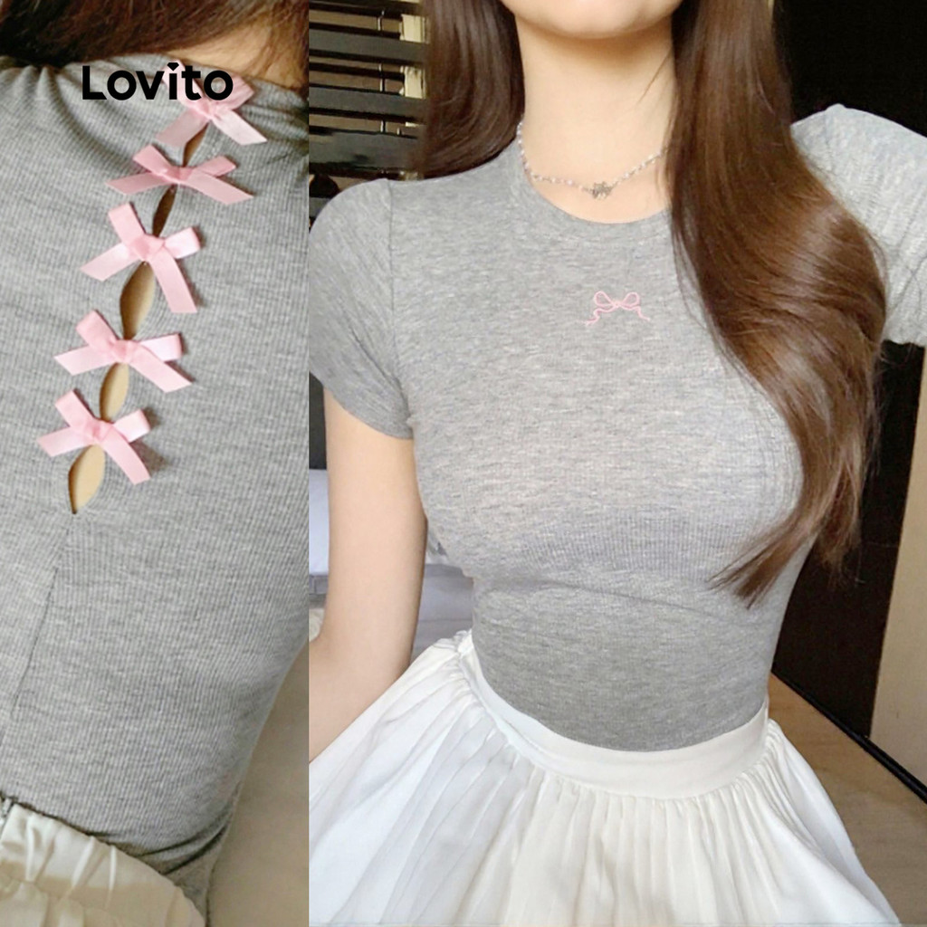 Lovito Camiseta Fofa com Laço para Primavera/verão Cinza para mulheres LK2AD461