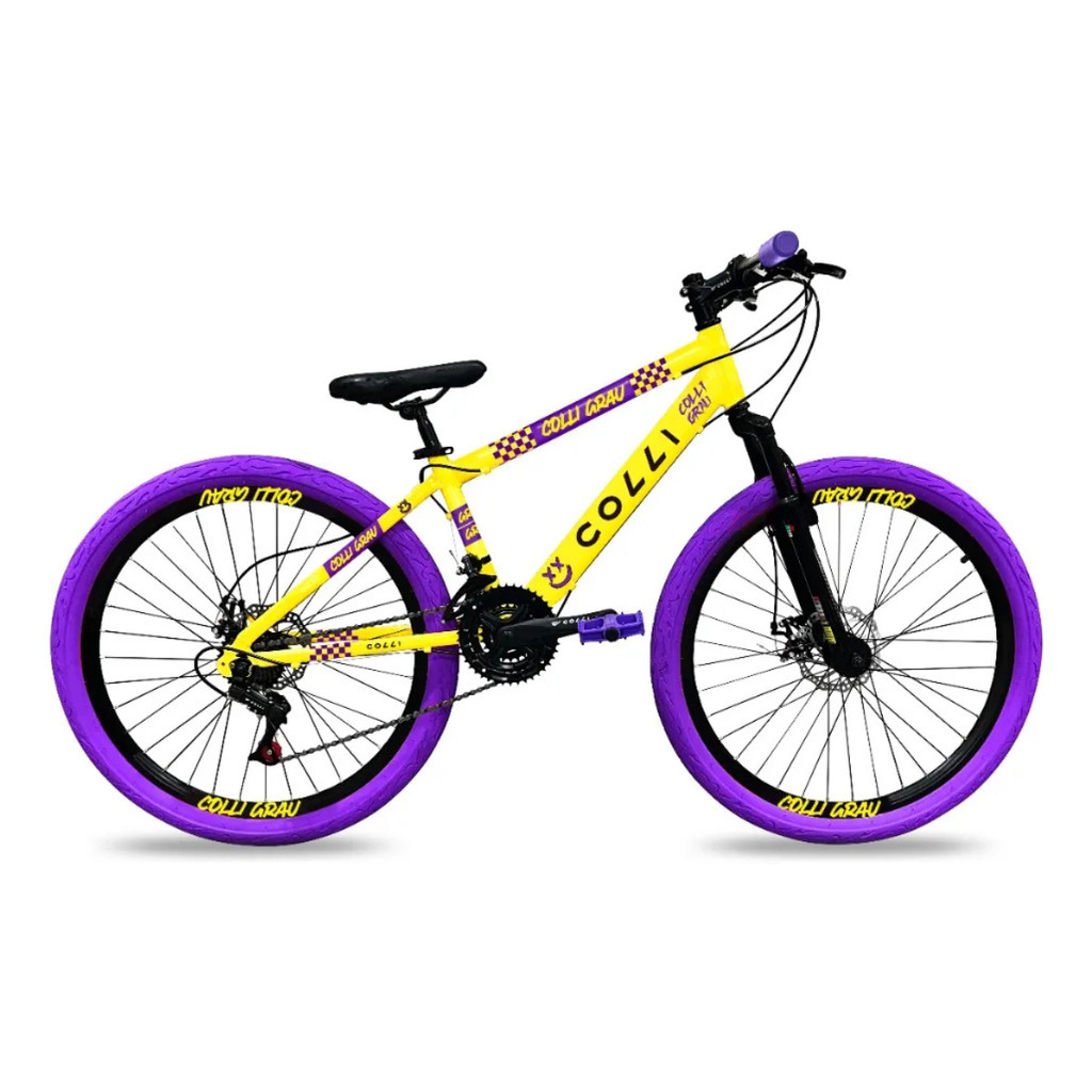 BICICLETA GRAU ARO 26 FREIOS A DISCO 21 VELOCIDADES COLLI AMARELO
