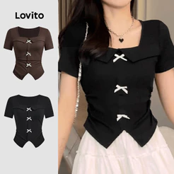 Lovito Casual Camiseta Com Laço Liso Na Frente Para Mulheres L121AD1184