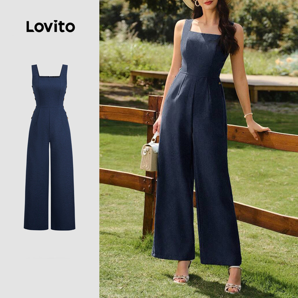 Lovito Macacão Casual de Botões com Linha de Estrutura para Primavera/verão Macacão azul-marinho L155AD1555 em Oferta na Shopee