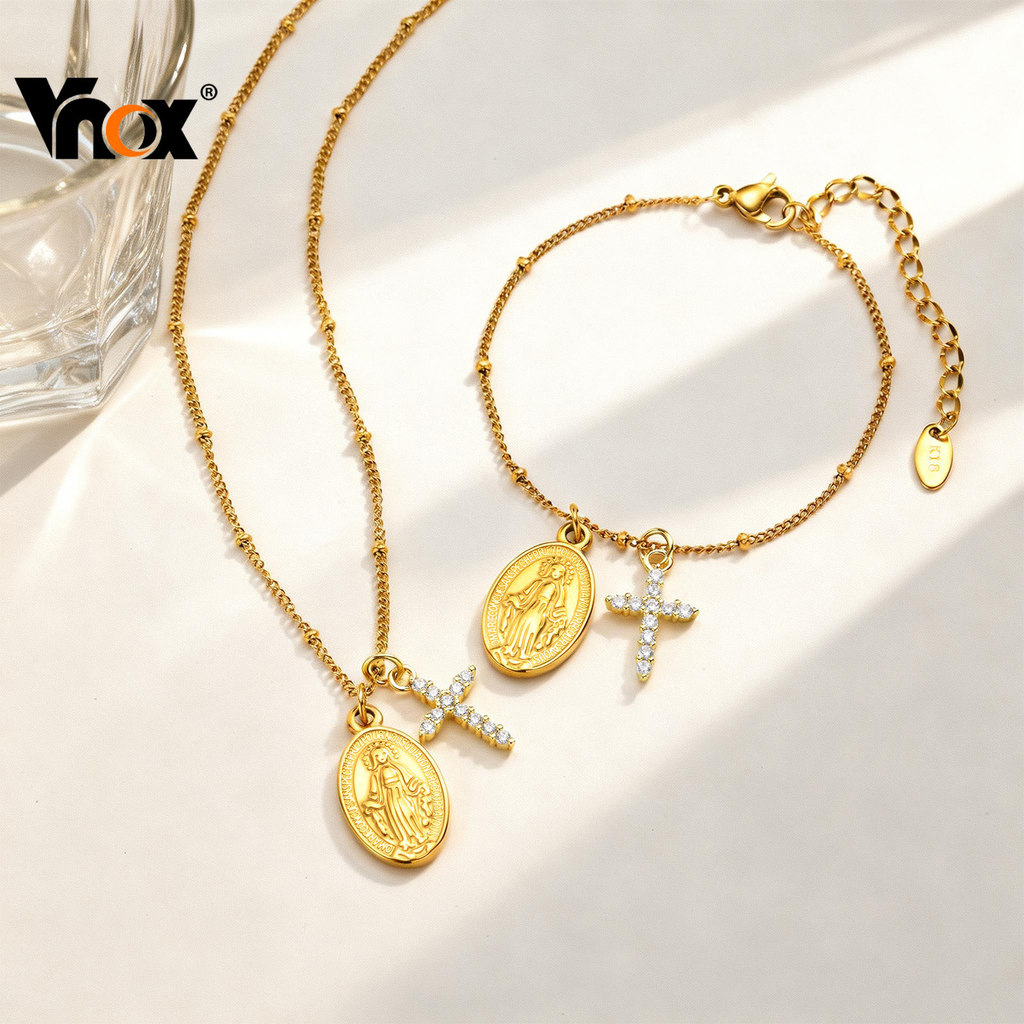 Pulseira Vnox De Aço Inoxidável Santa Mãe Zircão Cruz 18K Corrente De Ouro Faith Para Mulheres E Meninas