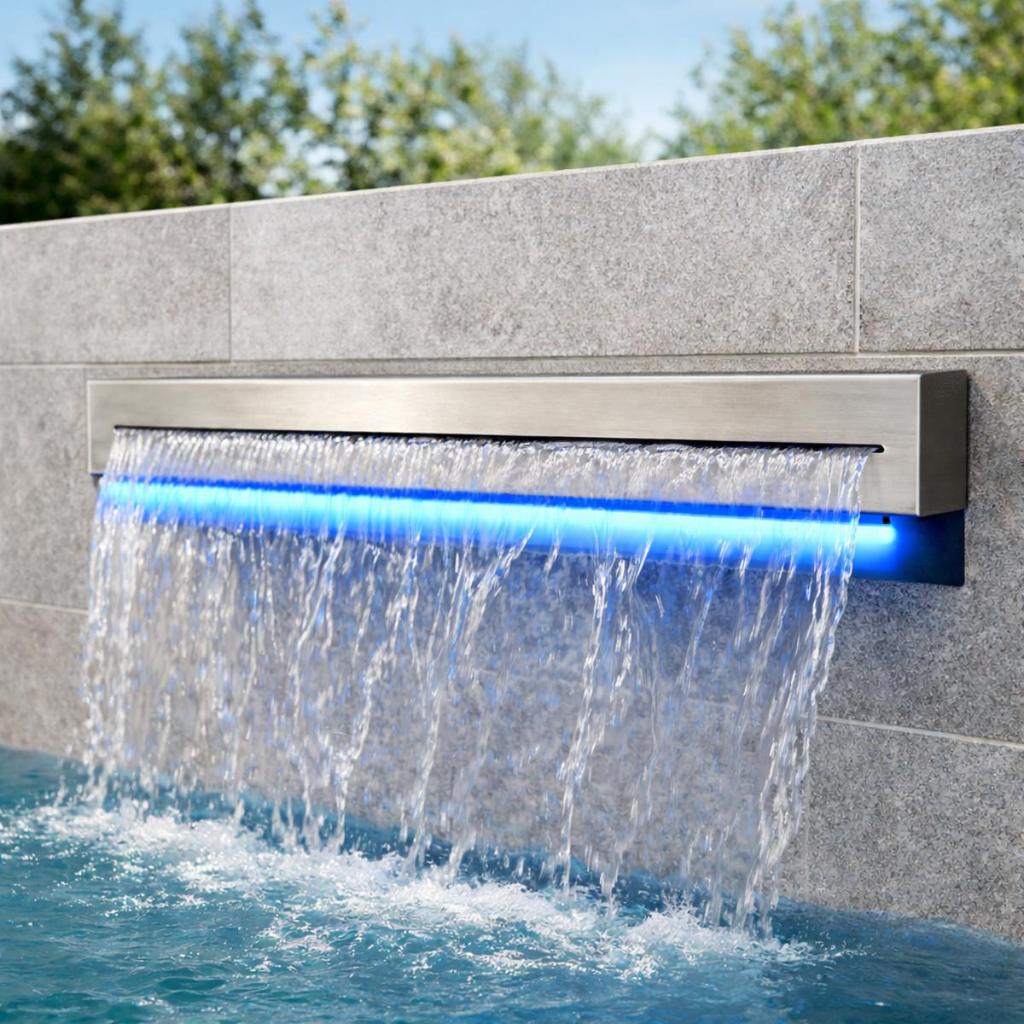 Cascata Embutir 60cm Para Piscina Laminar Com Bico Inox 304 Curta Com Led Luzes Rgb Lâmina De Água