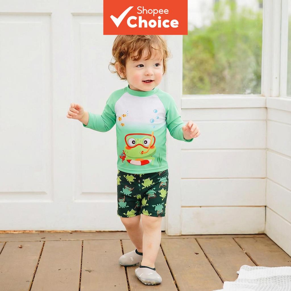 Conjunto De Maiô Dividido De Duas Peças Para Bebês Meninos Com Estampa De Desenho Animado Manga Comprida Proteção Solar