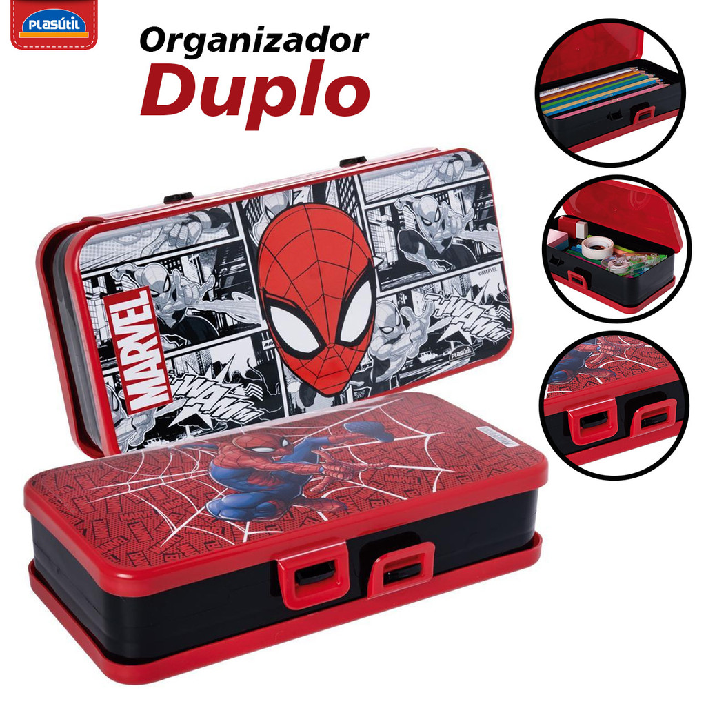 Estojo Organizador Escolar Homem Aranha Duplo Divisão com Trava Tampa Articulada Spider Man