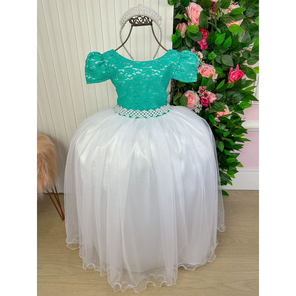 Vestido Infantil Menina Longo Peito Rendado Verde Tiffany Dama De Honra Daminha Formatura Casamento