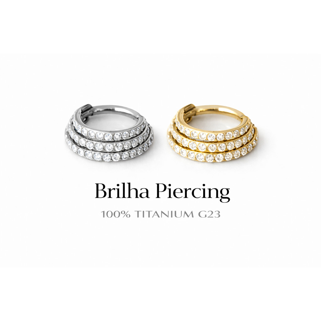 【Brilha】TRIPLE PAVÉ CLICKER — Piercing Argola Tripla Zircônias G23 Titânio – Hélix / Tragus / Cartilagem
