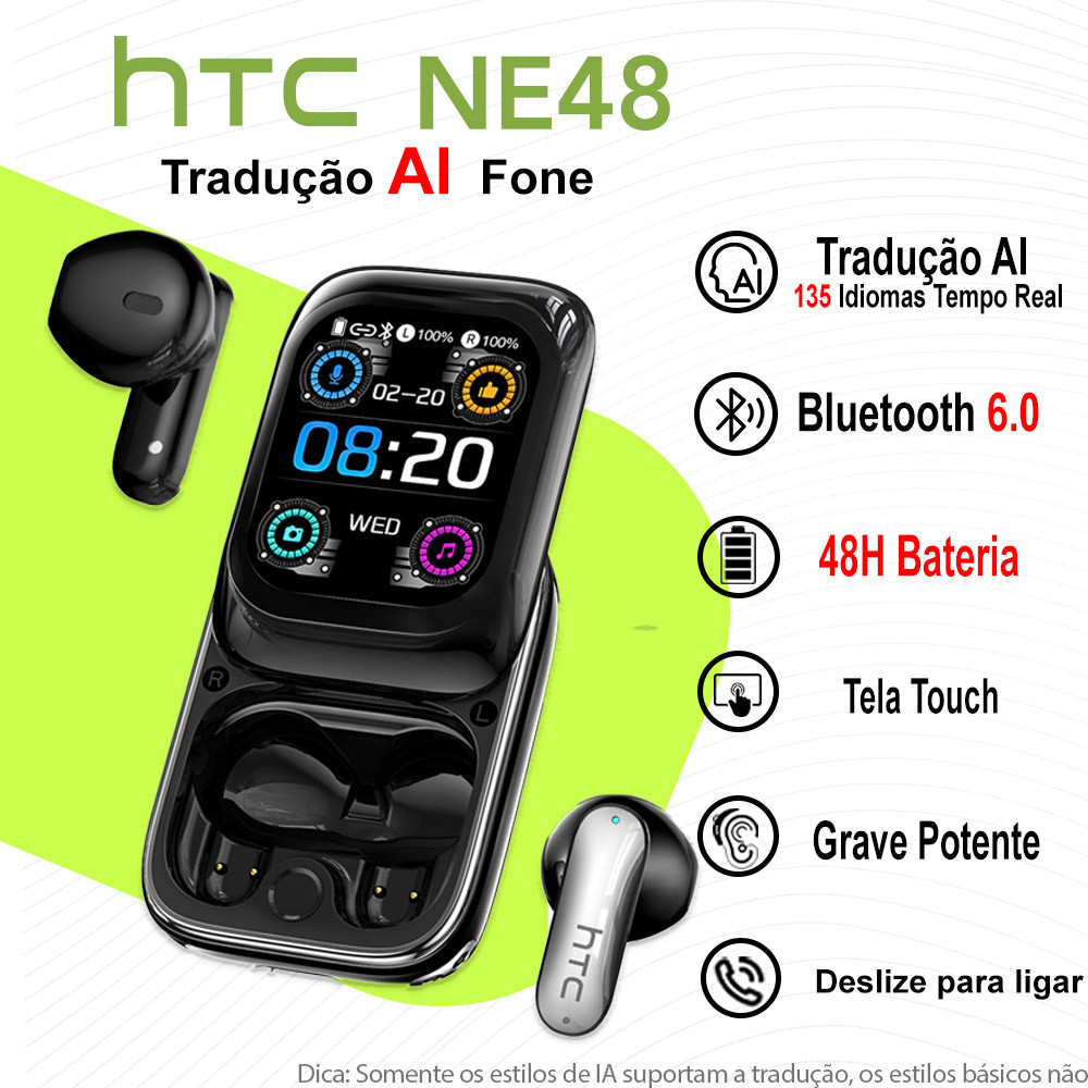 Fone HTC NE48 AI Tradução 135 Idiomas Em Tempo Real Sem Fio TWS Bluetooth 6.0 Tela Touch 48H Bateria Microfone