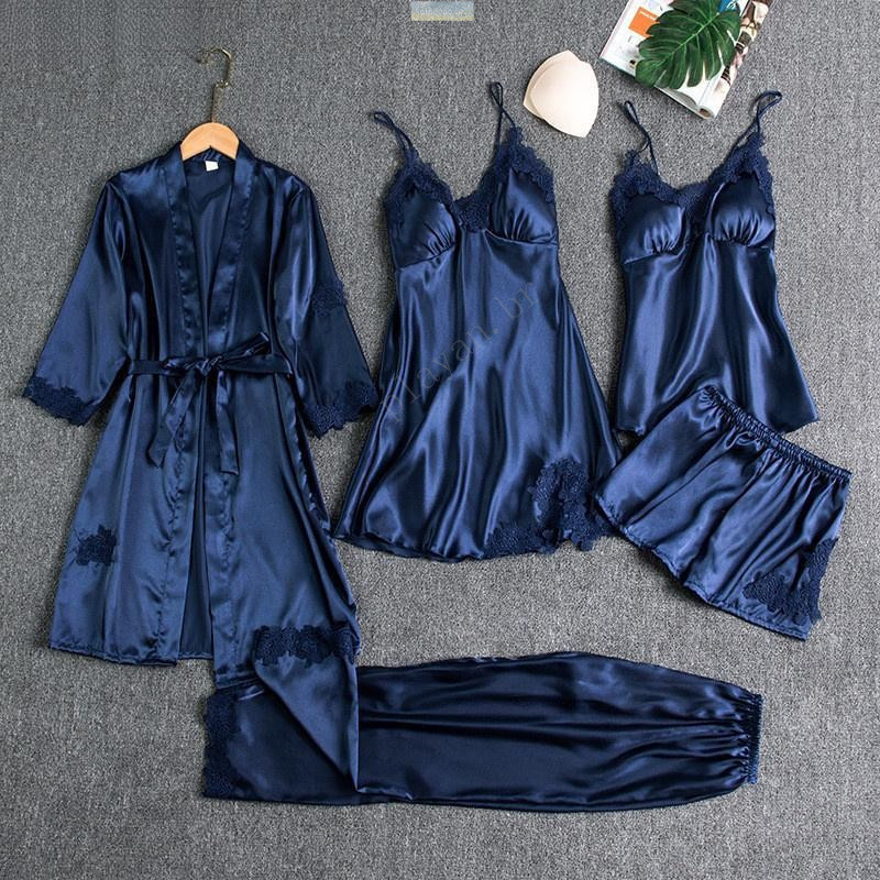5 Peças Roupão De Seda Roupa De Dormir Feminina Renda Cetim Pijama Conjunto Com Decote Em V Cami Camisola U