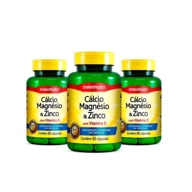 Kit 3x Cálcio + Magnésio + Zinco Potes 60 Cápsulas 600mg Maxinutri