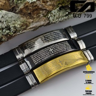 Pulseira Masculina  Feminina Casal Ajustável Pai Nosso: Elegância em Borracha Resistente, Cor Preto Intenso