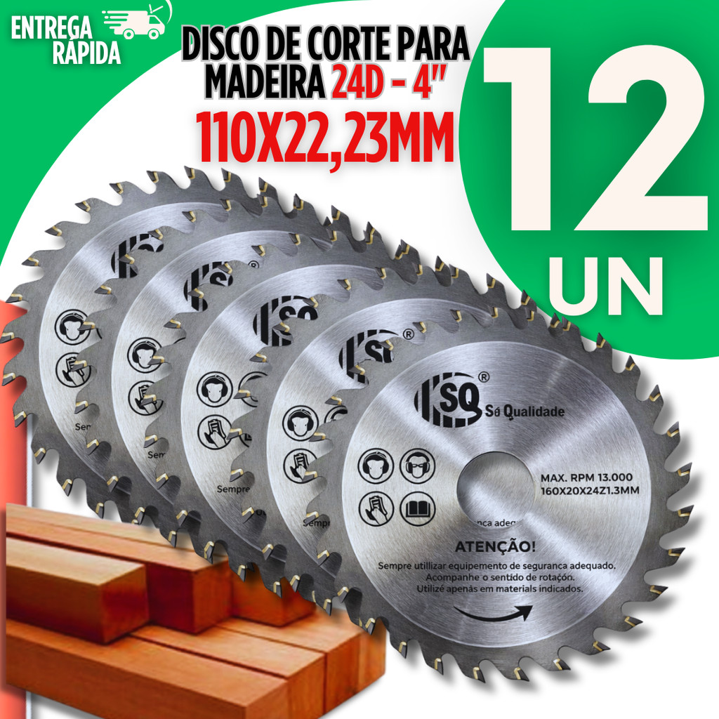 Jogo 12 Disco Corte Madeira 24 Dentes 110x22,23mm Serra Circular 4" Esmerilhadeira Profissional