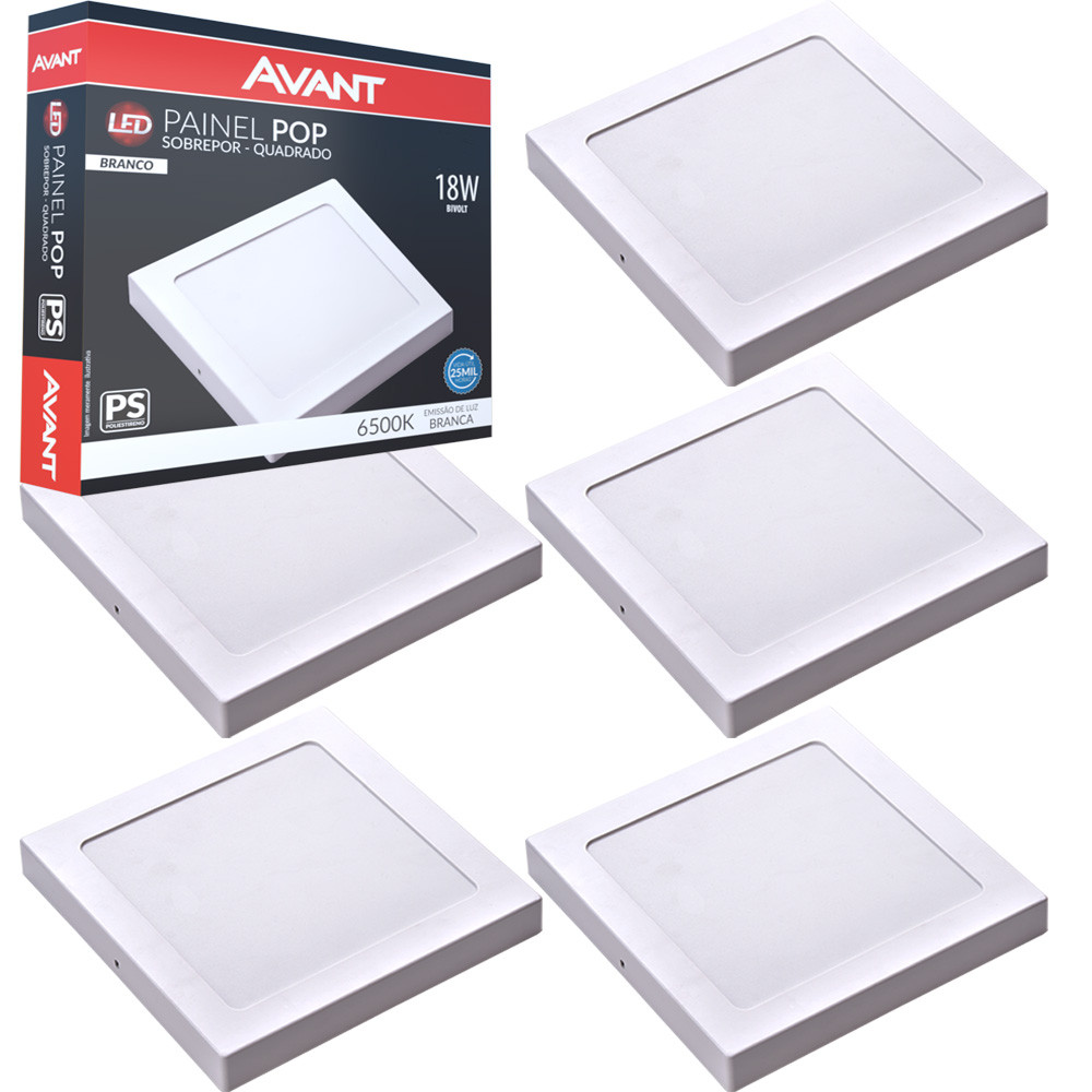 5 Painel Led Quadrado Sobrepor 18w Luz Branca 6500K Bivolt 22cm