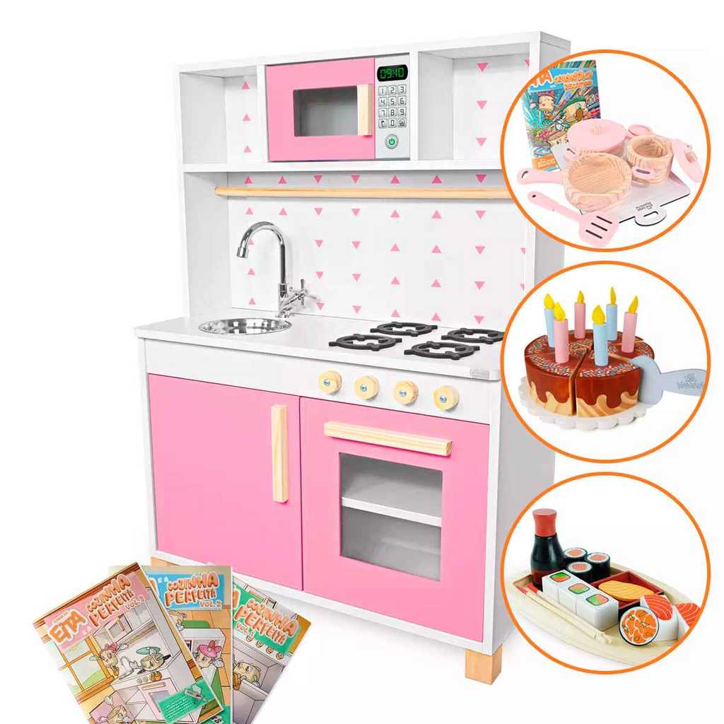Cozinha Infantil Panelinhas Bolo Sushi Brinquedo Madeira Rosa Bebê Faz de Conta Chef Comidinhas Kit Livro Educativo