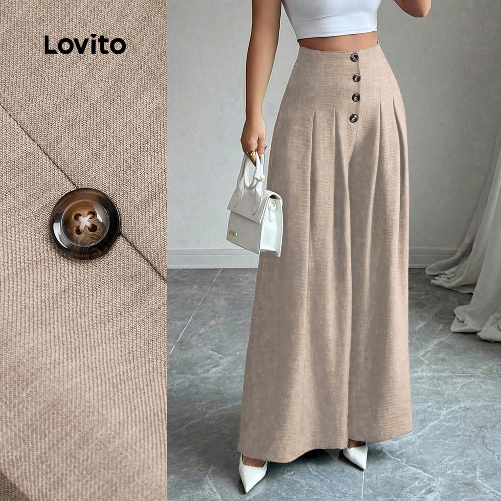 Lovito Calças Casuais com Botões Pregas Primavera/verão Calças Cáqui para mulheres LBL30143 em Oferta na Shopee