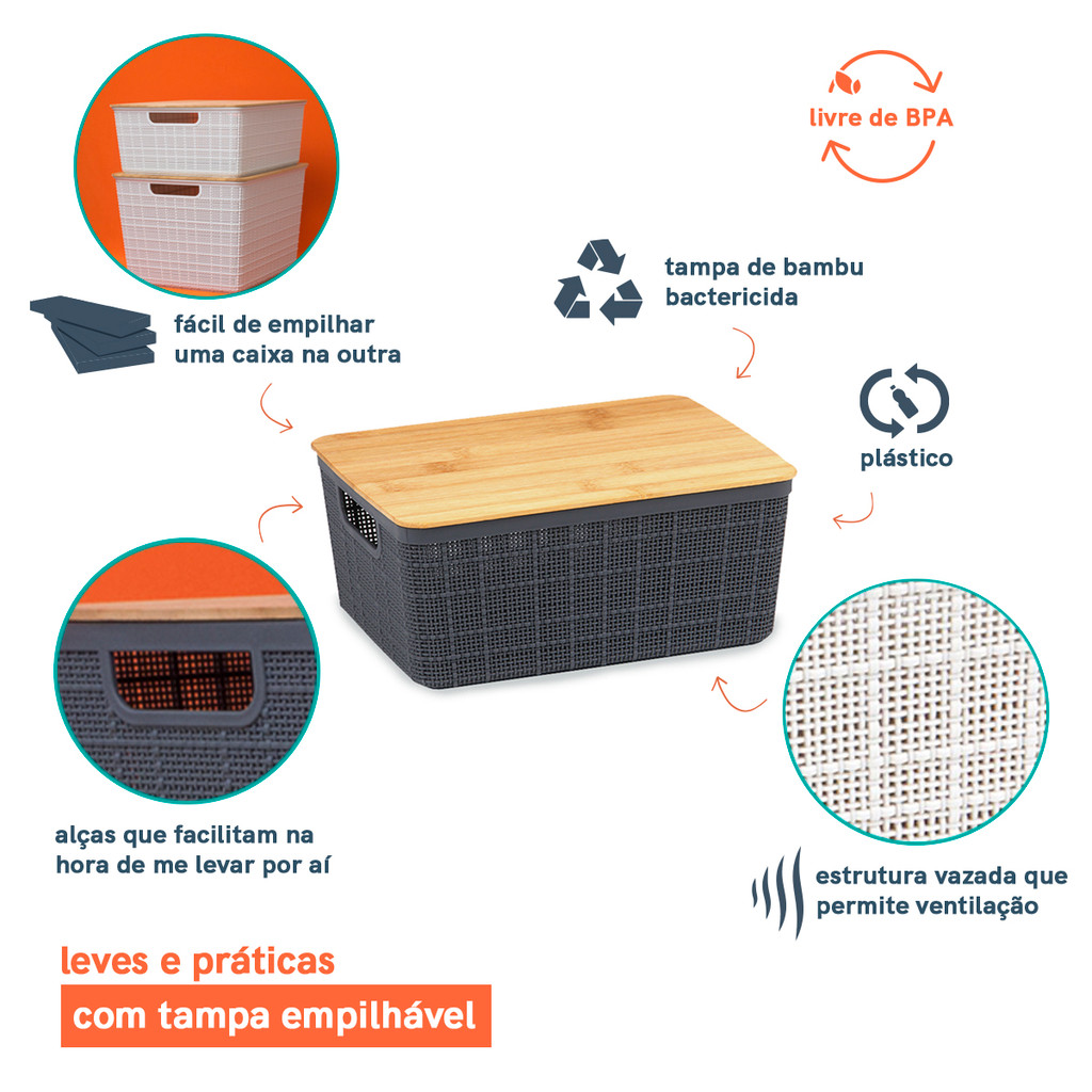 Kit 2 Caixas Organizadoras 12 Litros Cinza C/ Tampa Bambu Oikos · foto 2