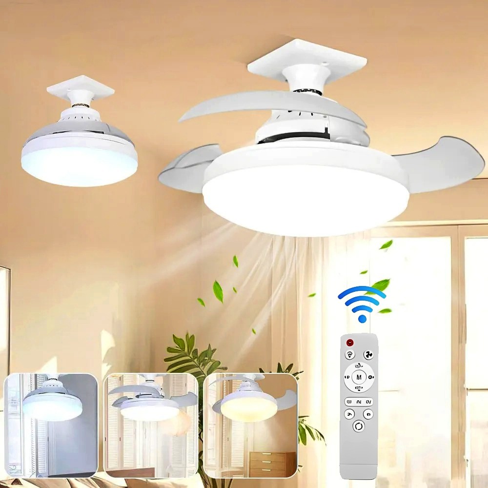 Ventilador de Teto Retrátil 80W LED Lâmpada Controle Remoto Luminária E27 Ajustável 3 Cores