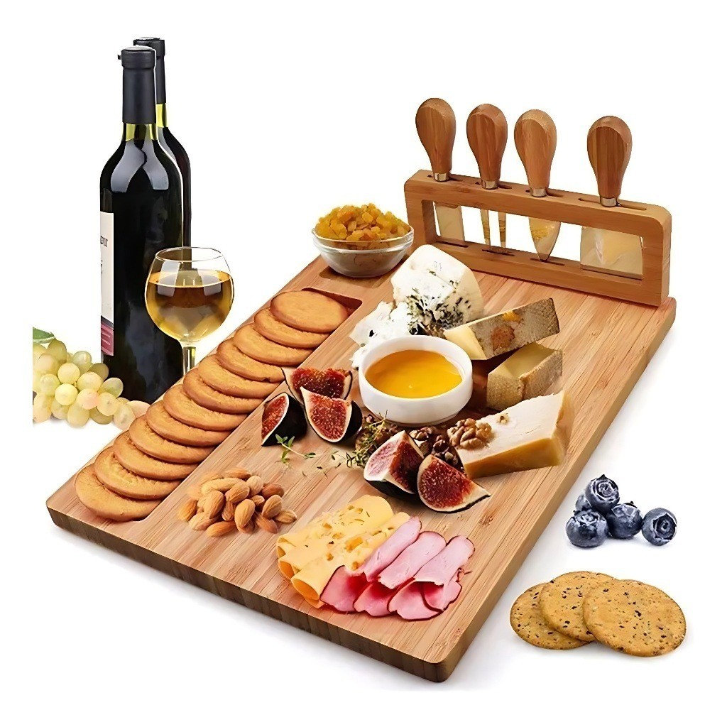 Tabua Bambu Queijos e Frios + Kit Espátulas 04 Peças