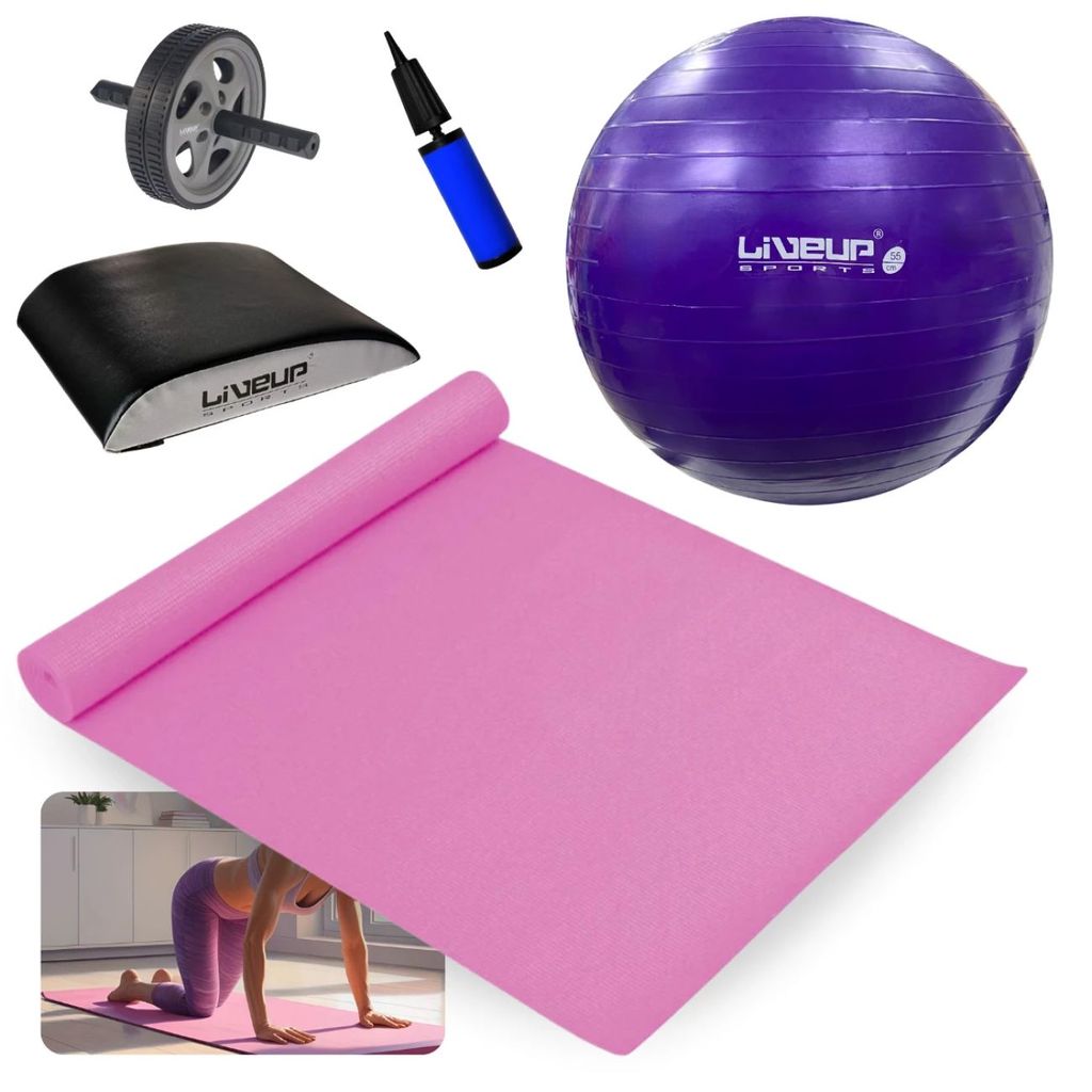 Kit Bola Suíça 55 Cm + Colchonete Eva Pilates + Roda Abdominal + Almofada Apoio Lombar + Mini Bomba