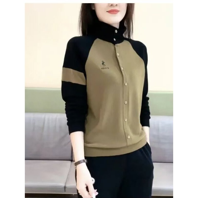 Primavera outono contraste cor bordado camiseta feminina de manga comprida magro-ajuste estilo ocidental camisa de fundo