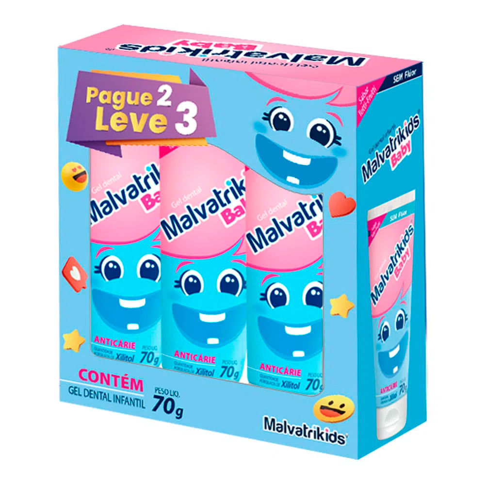 Kit Gel Dental Infantil Malvatrikids Baby Anticárie Sabor Tutti-Frutti sem Flúor 3 Unidades 70g cada em Oferta na Shopee
