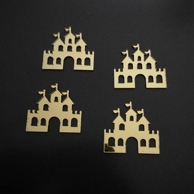 Aplique Castelo Princesas em Acrílico Espelhado Dourado 4cm Para Personalizados e Lembrancinhas