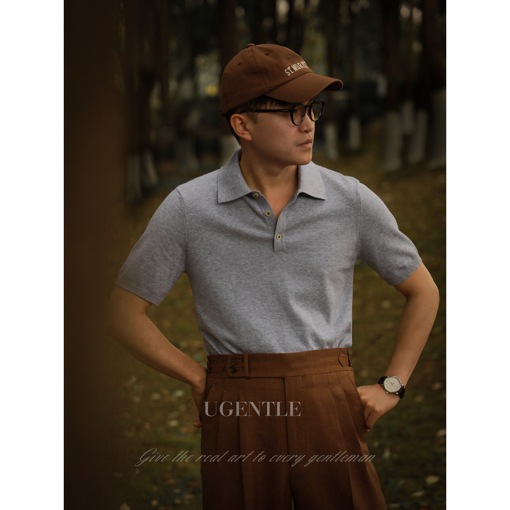 UGENTLE roupas masculinas marca verão penteado algodão águia garra concha botão Premium cinza polo manga curta camisa po