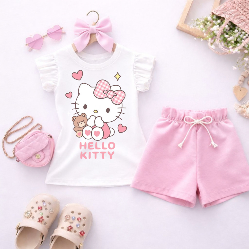 Conjunto Infantil Menina Blusa Babado Branca Blogueirinha Estampa Hello Kiity + Short Rosa Roupa Infantil Fashion