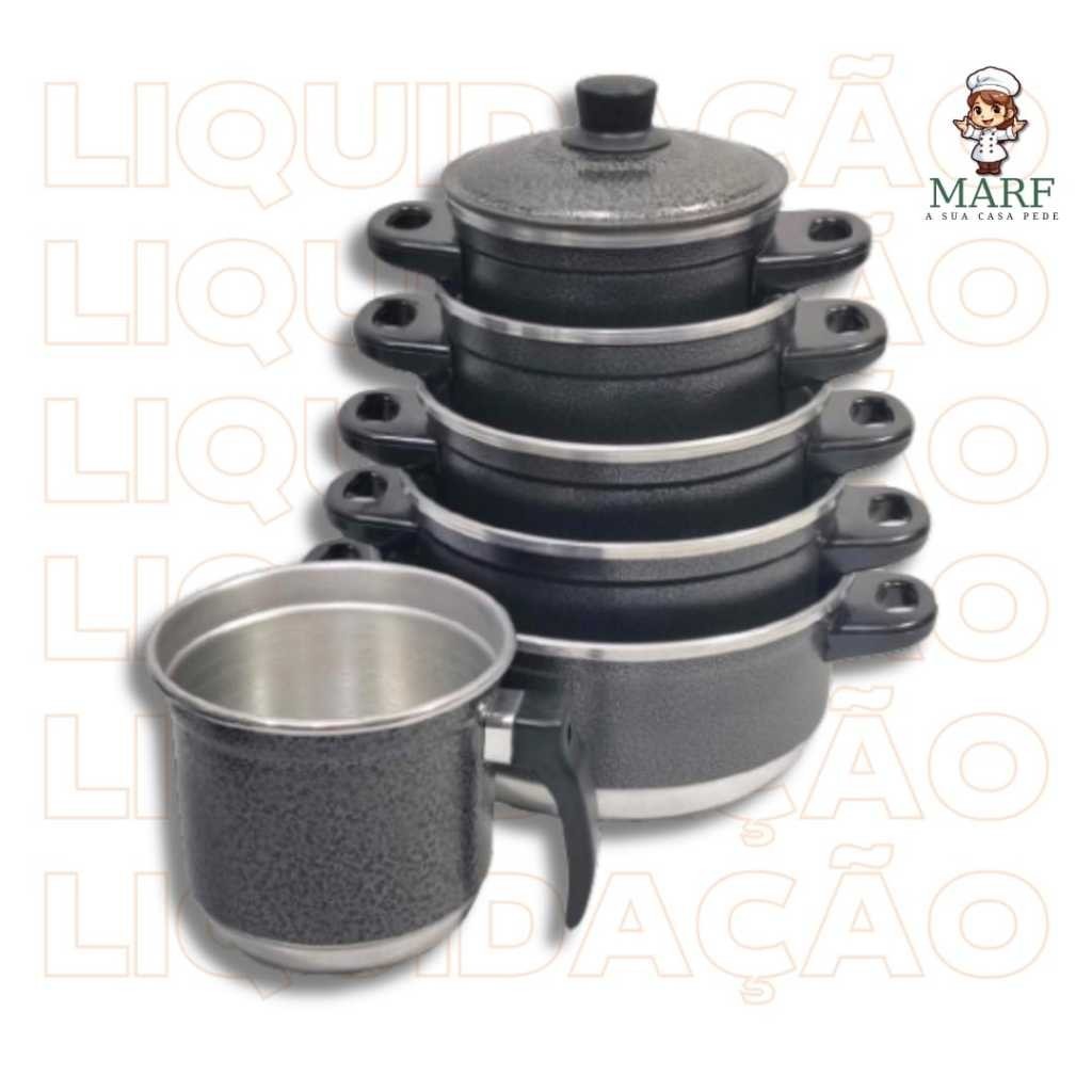 Conjunto de Panelas 5 Peças + Leiteira, Fervedor, Caneco Preto - Kit de Panelas completo 6 Peças