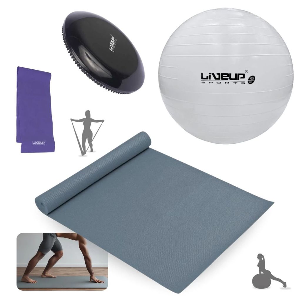 Kit Yoga : Bola Suíça 65cm Branca+ Disco Equilíbrio+ Faixa Elástica Média+ Tapete 1,73m