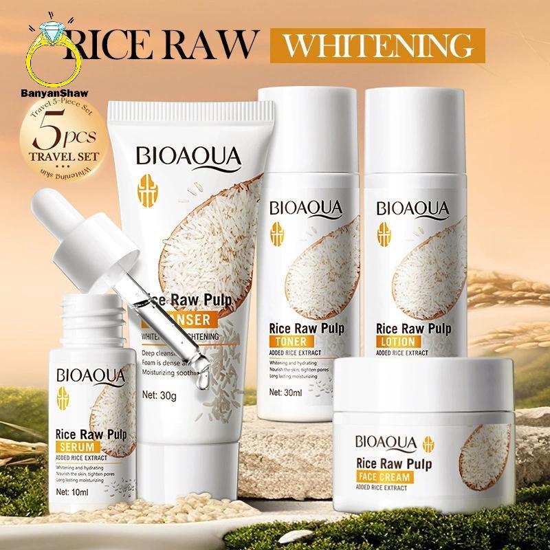 [BANY] 5pcs BIOAOUA Conjunto De Clareamento Cru De Arroz Iluminar Hidratante Calmante Limpador Facial + toner + Essência