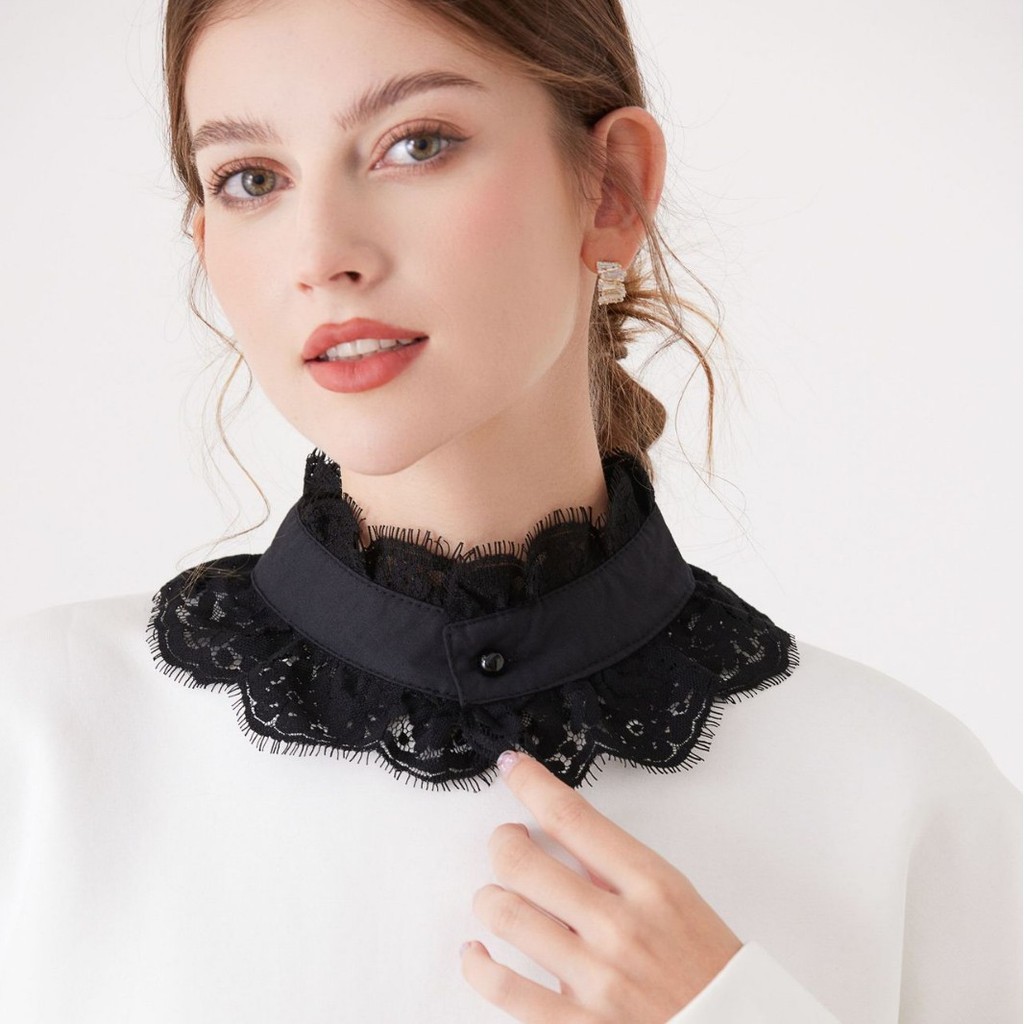 Gola falsa decorativa vazada em renda vintage francesa, preta e branca, para mulheres, gola Peter Pan de alta qualidade.