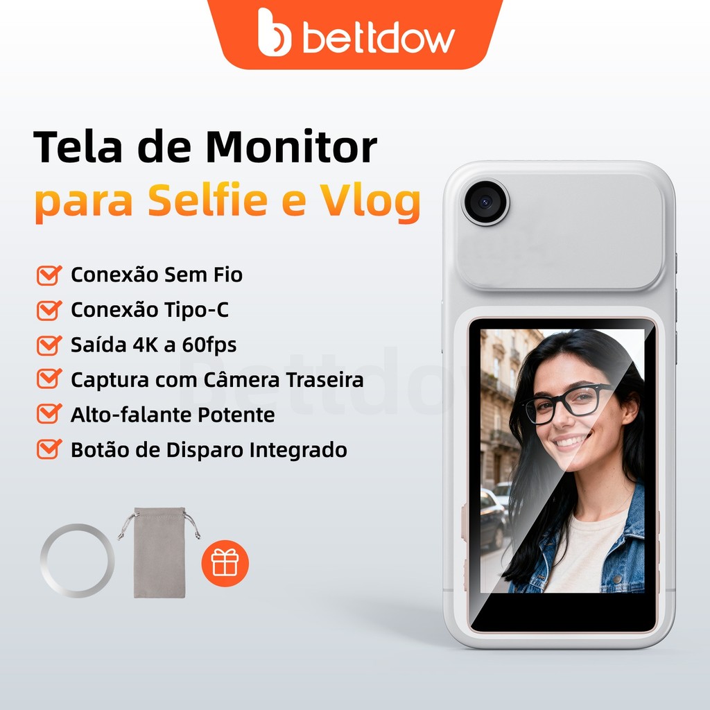 BETTDOW Tela Magnética Sem Fio Para Selfie Integrada Bluetooth Com Ultra HD Flip Mirror Modos Vlog