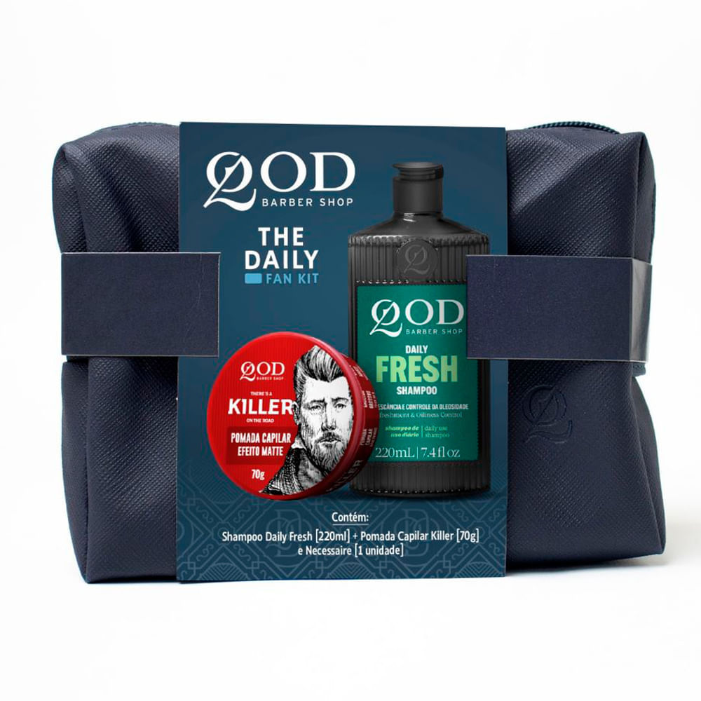 Shampoo QOD Barber Daily Fresh 220ml e Pomada Capilar Killer 70g com Nécessaire
