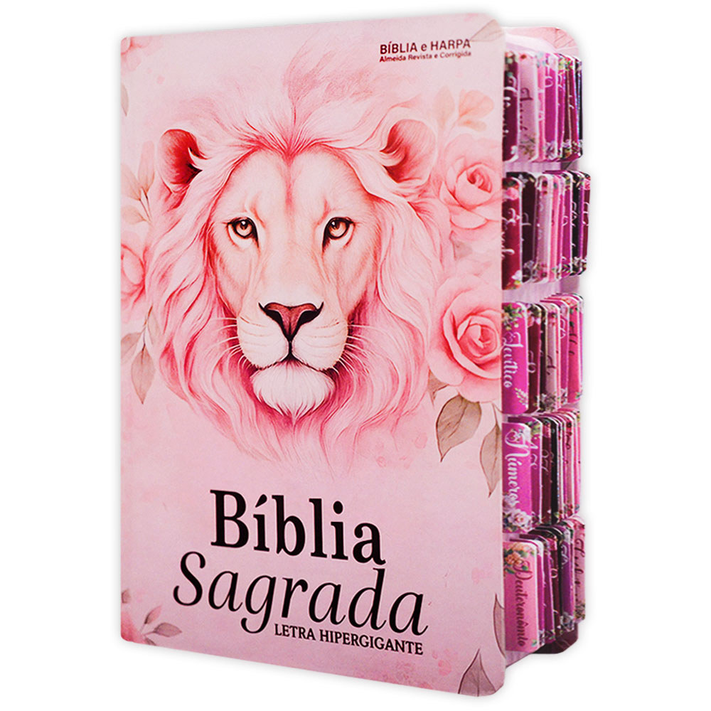 Bíblia Leão Flores Rosé | Hipergigante - ARC - João Ferreira de Almeida - Índice de Abas Adesivas - Harpa