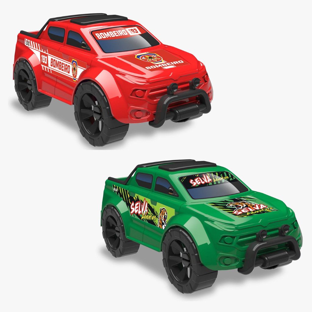 Kit 2 Carrinho Pick Up Force Bombeiro + Selva Camionete Carro Roda Livre Menino Menina